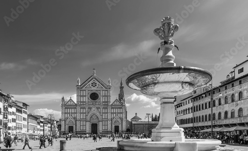 Black and white view of the famous Piazza Santa Croce in the historic center of Florence, Italy