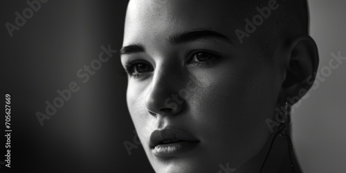 Fotografie, Obraz A striking black and white photo of a woman with a shaved head