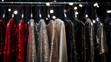 Beautiful dresses with embroidery, beads and sequins hang on hangers in a luxury clothing store, Luxurious evening dresses in sequins on hangers in the fitting room, Ai generated image 