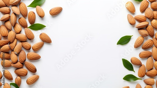 Almond surrounding in a white backdrop with top view and a big copy space, Generative AI.