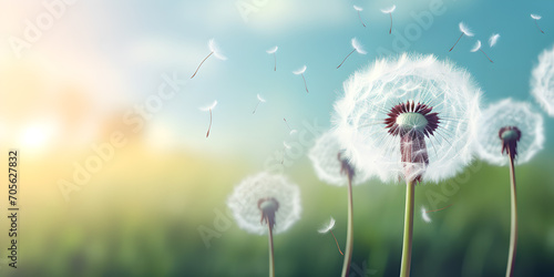Fluffy white dandelions with flying seeds on sunny summer meadow. Dandelion wild field  wind is blowing. Nature banner background. Copy space. AI generated