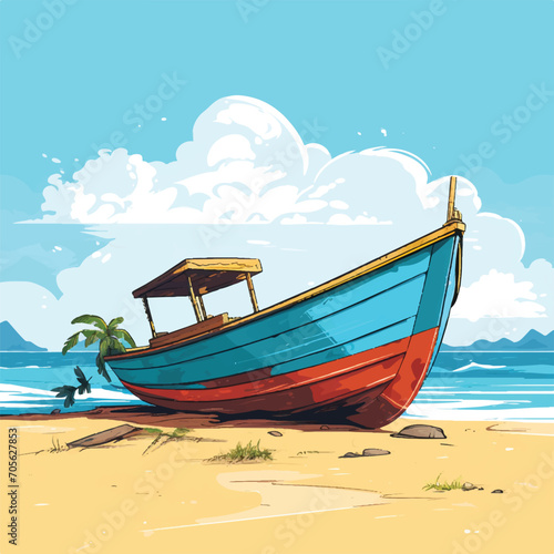 Old boat on beach illustration vector