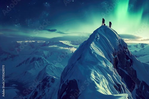 climbers on top of snowy mountain peak with northern lights  © Straxer