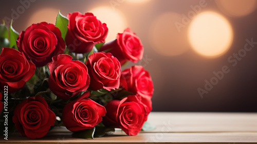 close up of red rose bouquet on a wooden desk with shiny bokeh lights with wide copy space.valentine s day concept