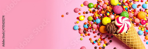 A close up of a cone of ice cream with candy and candies, depicts a detailed image of a delicious ice cream cone with various candies. Suitable for food and valentines day banner