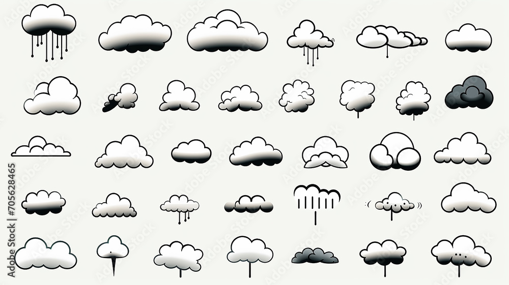 collection set contour image of a cloud, icon symbol on a white background collection set contour image of a cloud, icon symbol on a white background