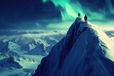 climbers on top of snowy mountain peak with northern lights