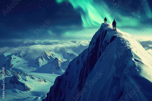 climbers on top of snowy mountain peak with northern lights © Straxer