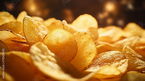 natural potato chips close-up, background golden texture fried potatoes, fast food