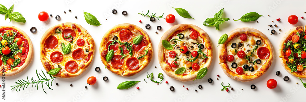A border of different pizzas arranged in a line white isolated. A border of different pizzas arranged in a line white isolated.