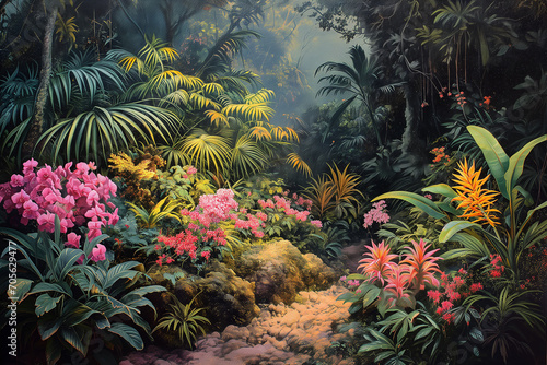 View of a tropical forest with colorful plants