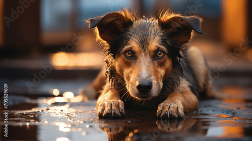 A calm and relaxed dog laying on the ground, perfect for pet-related designs, veterinary services, and animal care promotions. The image captures a peaceful and friendly atmosphere.