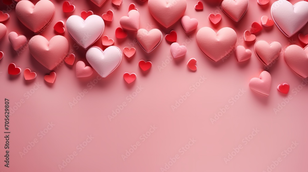 Background for Valentine's Day featuring pink hearts on a pink top view with empty space, Generative AI.