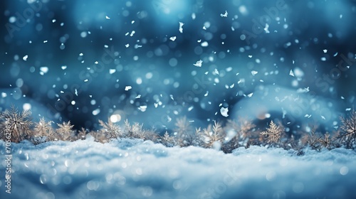 Beautiful Christmas background with snowflakes and bokeh-defocused lights, Generative AI. © Electric Wolf