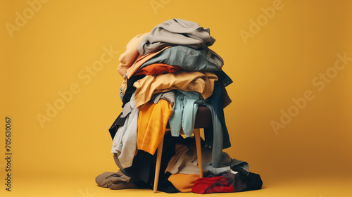 A stack of colored things on a chair. Cluttering of clothes, Pile clothes on chair. Heap of used clothes for donation and recycling. Concept of minimalism, mess and wardrobe cleaning, Ai generated  photo