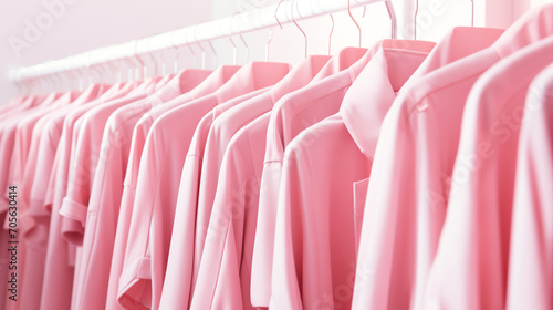 Pink trendy closet, bright Fashion clothes on pink wall background. Many pink dresses hanging on a rack on viva magenta background, Pink colored women clothes hanging in row on rack close shot, Ai 