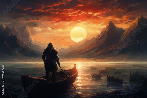 Old fisherman boat at sunrise