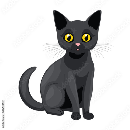 A black cat with bright yellow eyes is sitting calmly in this colorful vector illustration.