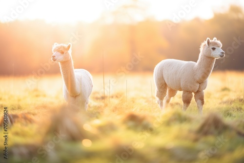 alpacas roaming in golden hour light photo