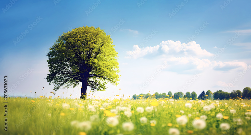 Lonely old tree with magnificent crown with lush green foliage growing on spring or summer meadow under blue sky on sunny day Lonely old tree with magnificent crown with lush green foliage growing on spring or summer meadow under blue sky on sunny day