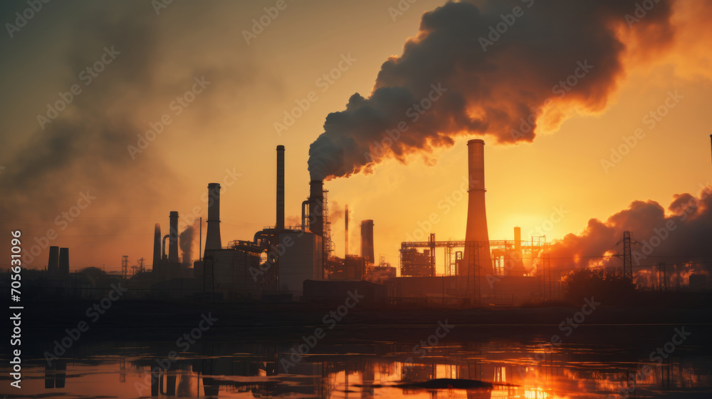 Evening view of the industrial landscape of the city with smoke emissions from chimneys at sunset