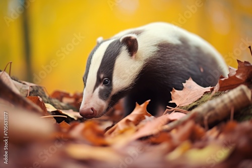 badger snuffling around colorful autumn leaves by its burrow