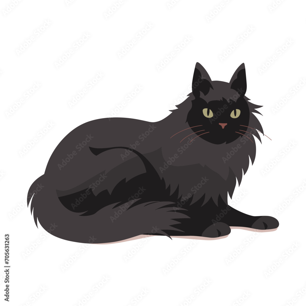 Obraz premium A black cat with green eyes is sitting looking forward in a vector illustration.