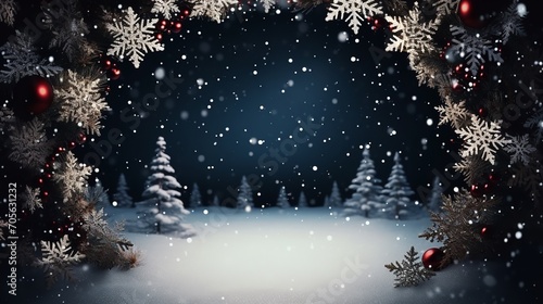 Christmas tree, snowflakes, and red balls on the snow in a wintry landscape, Generative AI. © Electric Wolf