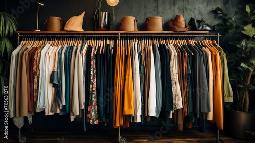 Clothes hang on a rack in a clothing store, Rack of clothes in a boutique, Ai generated image