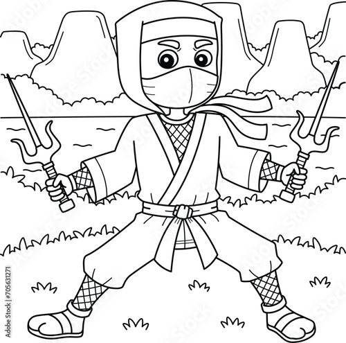 Ninja Holding a Twin Sai Coloring Page for Kids