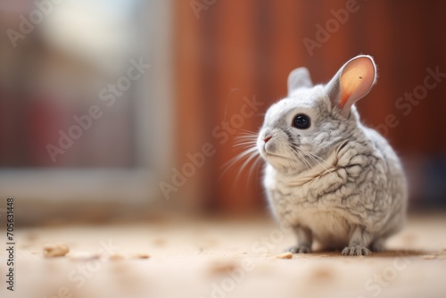 chinchilla in focus with blurred wooden background