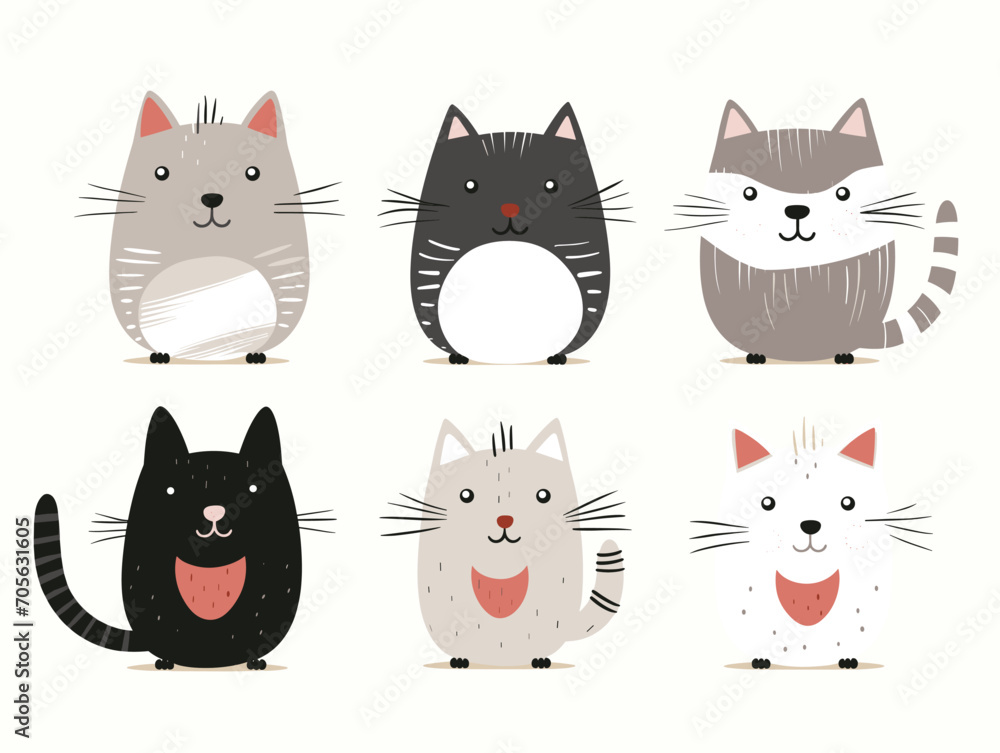 Six cute cartoon cats are displayed in different poses and patterns in a vector illustration.
