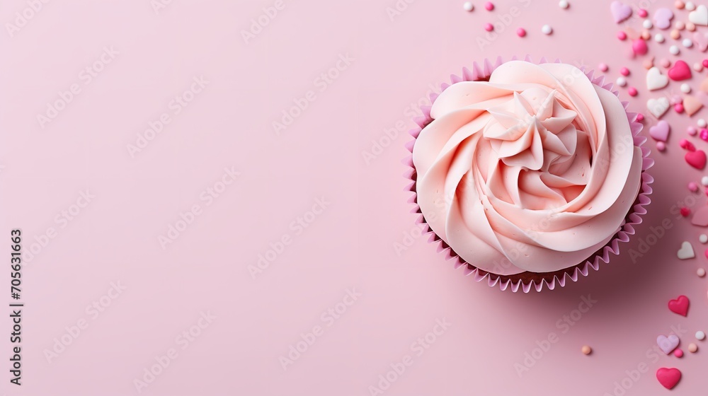 Cupcakes with pink buttercream frosting seen from above against a pink backdrop, copy space, Generative AI.