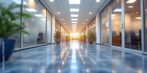 Empty office hallway interior with glass doors and windows and tiled floor on blurred background
