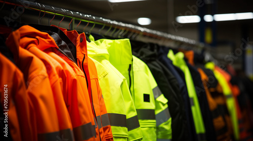 shirts on hangers, Selective blur on high visibility safety coats and jackets, personal protective equipments, for sale outside, fluorescent colors. These coats are made to be visible on workplace Ai