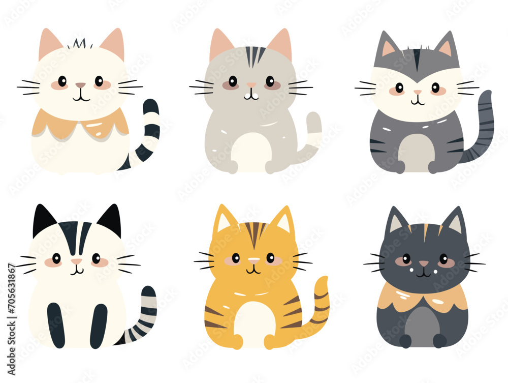 The image shows a collection of six cute cartoon cats in various poses as a vector illustration. The image shows a collection of six cute cartoon cats in various poses as a vector illustration.