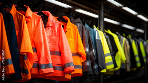 High-visibility safety vest, Selective blur on high visibility safety coats and jackets, personal protective equipments, for sale outside, fluorescent colors. These coats are made to be visible, Ai