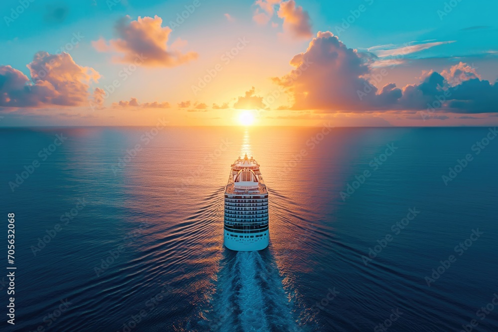 cruise ship in tropical paradise drone shot with sunset  - obrazy, fototapety, plakaty 