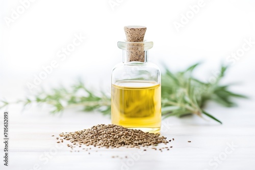 hemp oil in a clear bottle with seed garnish on side