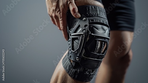 Close-up view of a person wearing a knee brace. Suitable for medical and rehabilitation concepts