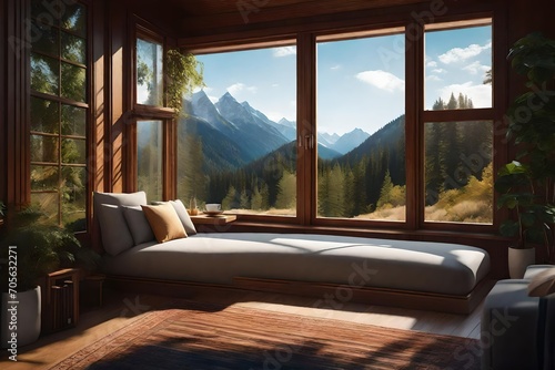  an enchanting 3D render showcasing a side window seat with a breathtaking nature view. Perfectly lit, this super realistic depiction captures the tranquility of the scene, highlighting every detail 