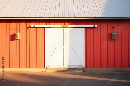 red barn door closed, sun dipping low © studioworkstock