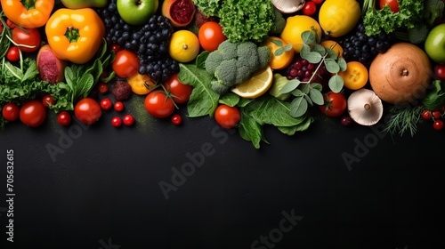 Fresh fruits  veggies  and mushrooms set against a dark backdrop  top view  copy space  Generative AI.