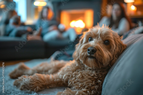 Dog in the living room in the foreground and the family in the background in the sofa. Love between pet and family members.