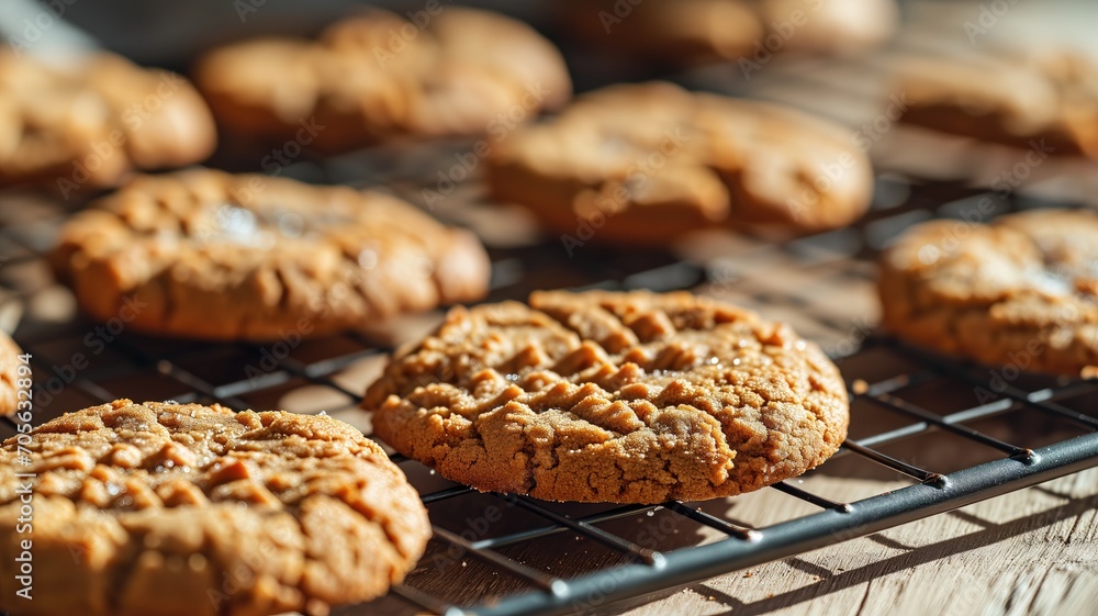 Freshly baked peanut butter cookies on a cooling rack