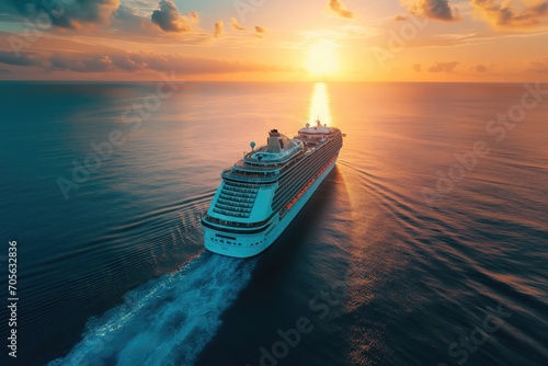 cruise ship in tropical paradise drone shot with sunset  photo