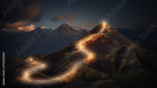 glowing path to the top of the mountain, business success strategy, development and growth concept photo