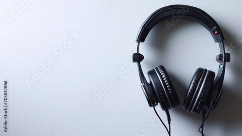 Headphones hanging against a light gray background