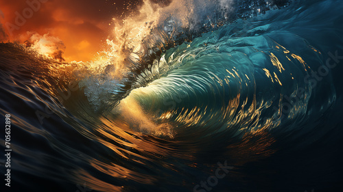 ocean wave swirls into a tube at sunset, landscape tropical sea coast, surf waves