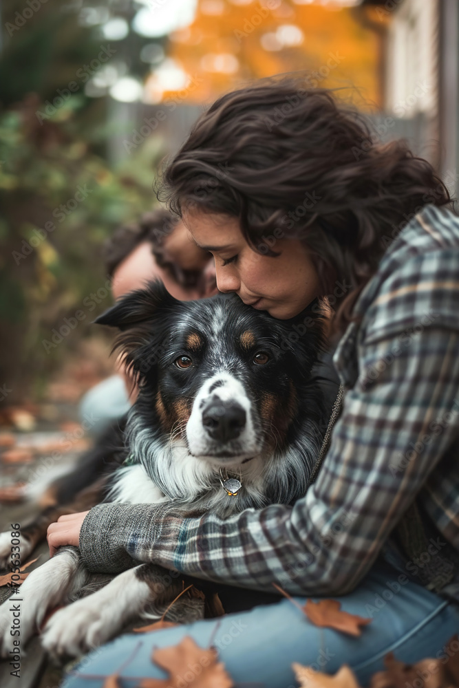 A woman shows love to her dog in the backyard. A woman shows love to her dog in the backyard.